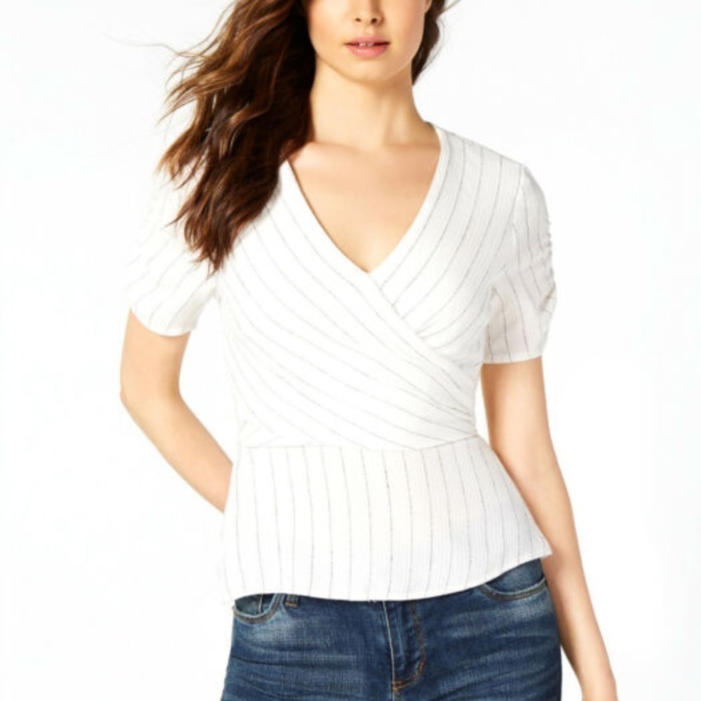 1. STATE White Pin Stripe Wrap Tie V-Neck Shirt XS